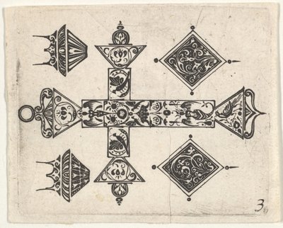 Gravura em Blackwork com Cruz Latina e Quatro Motivos, ca. 1620 de Claes Jansz Visscher