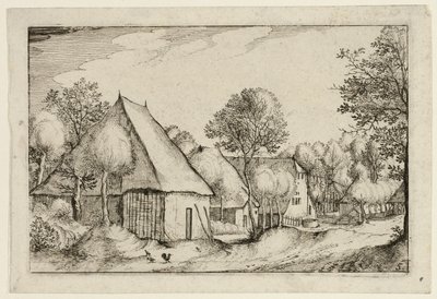 Um pátio de quinta, placa cinco depois de Quadros de quintas, casas de campo e aldeias rústicas (Praediorum villarum et rusticarum casularum icones) de Claes Jansz. Visscher II