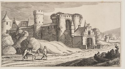 Um camponês com um cavalo numa estrada perto das muralhas da cidade, de Paisagens (Playsante Lantschappen) de Claes Jansz. Visscher II