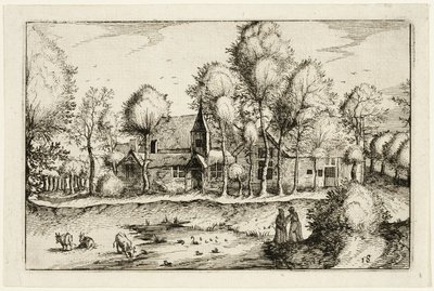 Uma lagoa, placa dezoito depois de Quadros de quintas, casas de campo e aldeias rústicas (Praediorum villarum et rusticarum casularum icones) de Claes Jansz. Visscher II
