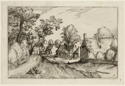 A Village Road, placa sete depois de Pictures of Farms, Country Houses and Rustic Villages (Praediorum villarum et rusticarum casularum icones) de Claes Jansz. Visscher II