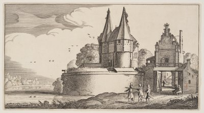 Baluarte e porta de cidade sobre um rio, de Paisagens (Playsante Lantschappen) de Claes Jansz. Visscher II