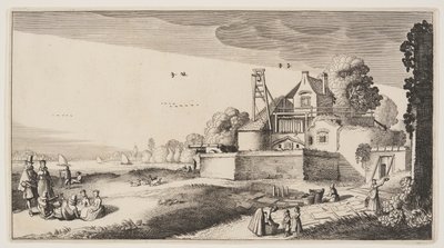 Campo de branqueamento em frente a um forte num rio, de Paisagens (Playsante Lantschappen) de Claes Jansz. Visscher II