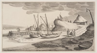 Barcos em terra perto de uma torre de vigia, de Paisagens (Playsante Lantschappen) de Claes Jansz. Visscher II