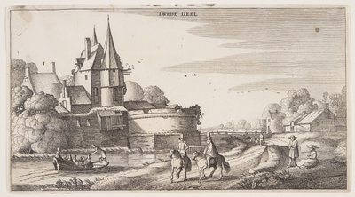 Estrada rural ao longo de uma aldeia com um bastião, de Paisagens (Playsante Lantschappen) de Claes Jansz. Visscher II