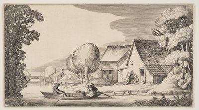 Agricultor e mulher agricultora num barco a remos, de Paisagens (Playsante Lantschappen) de Claes Jansz. Visscher II