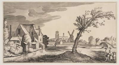 Casa numa lagoa fora de uma cidade, de Paisagens (Playsante Lantschappen) de Claes Jansz. Visscher II