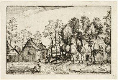 Paisagem com árvores cortadas, placa dezassete depois de Quadros de quintas, casas de campo e aldeias rústicas (Praediorum villarum et rusticarum casularum icones) de Claes Jansz. Visscher II