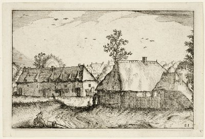Grandes barracões, placa 21 depois de Quadros de quintas, casas de campo e aldeias rústicas (Praediorum villarum et rusticarum casularum icones) de Claes Jansz. Visscher II