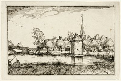 Lagoa e aldeia, placa quinze depois de Quadros de quintas, casas de campo e aldeias rústicas (Praediorum villarum et rusticarum casularum icones) de Claes Jansz. Visscher II