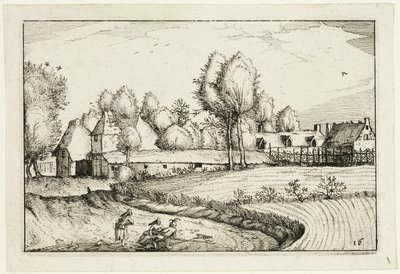 Estrada ao longo de um campo, placa dezasseis depois de Quadros de quintas, casas de campo e aldeias rústicas (Praediorum villarum et rusticarum casularum icones) de Claes Jansz. Visscher II