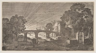 Pôr do sol sobre um rio, de Paisagens (Playsante Lantschappen) de Claes Jansz. Visscher II
