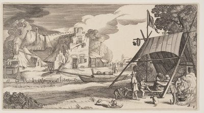 Tenda com pessoas do campo, de Paisagens (Playsante Lantschappen) de Claes Jansz. Visscher II