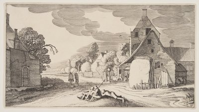 Três camponeses descansando num cruzamento de uma aldeia, de Paisagens (Playsante Lantschappen) de Claes Jansz. Visscher II