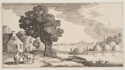 Transporte de feno num rio, de Landscapes (Playsante Lantschappen) de Claes Jansz. Visscher II