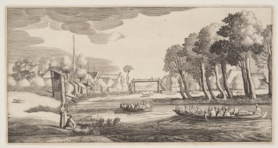 Viajantes em barcos a remos aproximam-se de uma aldeia, de Paisagens (Playsante Lantschappen) de Claes Jansz. Visscher II