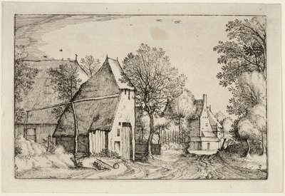 Village Road, placa três depois de Pictures of Farms, Country Houses and Rustic Villages (Praediorum villarum et rusticarum casularum icones) de Claes Jansz. Visscher II