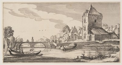 Aldeia sobre um rio, de Paisagens (Playsante Lantschappen) de Claes Jansz. Visscher II