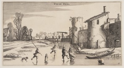 Paisagem de inverno com patinadores ao longo de um muro da cidade, de Paisagens (Playsante Lantschappen) de Claes Jansz. Visscher II