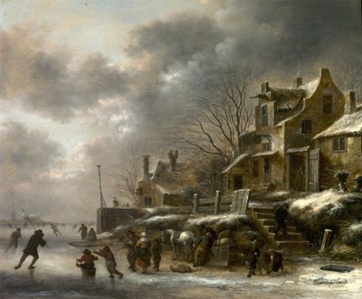 Cena de inverno, rio com figuras patinando, 1671 de Claes Molenaer