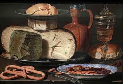 Holandês: Natureza morta com queijos, amêndoas e pretzels Natureza morta com queijos, amêndoas e pretzels de Clara Peeters