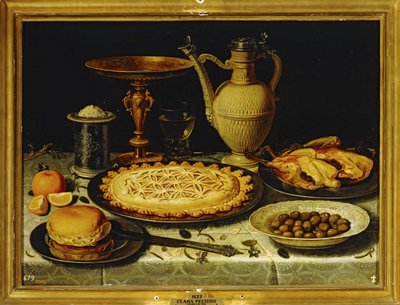 Natureza-morta - Refeição com frango assado, pão e azeitonas ... de Clara Peeters