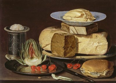 Natureza morta com queijos, alcachofra e cerejas, ca 1625 de Charlotte Evans