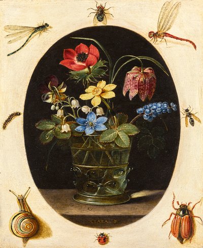 Natureza morta com flores rodeadas de insectos e um caracol de Clara Peeters