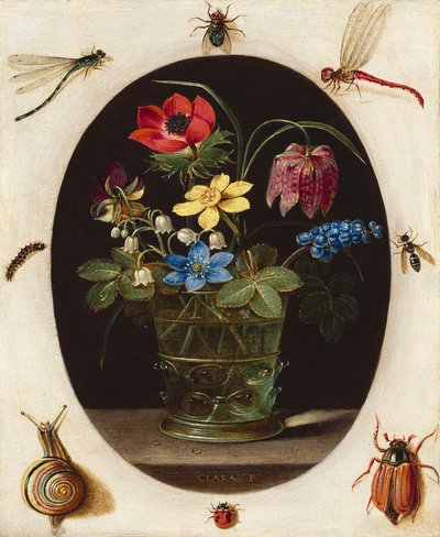 Natureza-morta com flores rodeadas de insectos e um caracol, c.1610 (óleo sobre cobre) de Clara Peeters