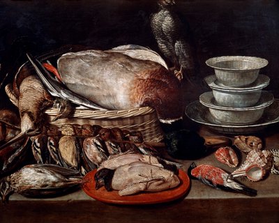 Natureza morta mostrando pássaros, conchas e cerâmica de Clara Peeters