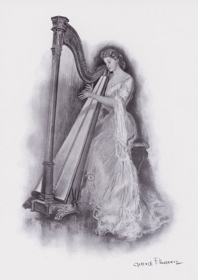 Mulher tocando harpa (cor litho) de Clarence F. Underwood