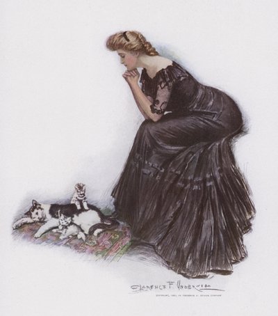 Mulher, observar, um, gato, e, dela, gatinhos de Clarence F. Underwood