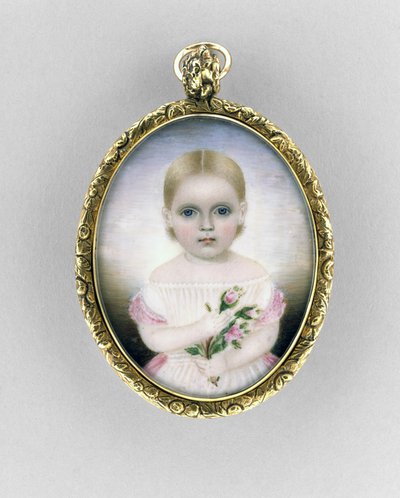 Retrato de uma menina, c.1840 (aquarela sobre marfim, dourado e vidro) de Clarissa Peters Russell