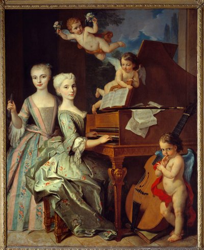 Adelaide de Gueidan e a sua irmã no cravo: Adelaide (1725-1786) e a sua irmã Catherine (1726-1759) são membros de uma grande família provençal. Estão rodeadas de anjos musicais. 1735-1740. Oil On Canvas por Claude Arnulphy (1697-1786). Musee de Claude Arnulphy