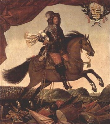 Retrato equestre de um general, troféu de armas em primeiro plano e cavalaria além de Claude Deruet