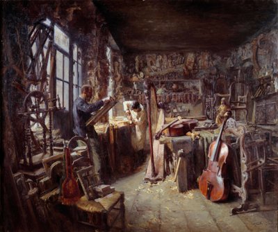 Um restaurador na sua oficina cheia de instrumentos. Pintura de Claude Firmin (1864-1944) 1896 Avignon musee Calvet Attention! A utilização desta obra pode ser sujeita a um pedido de autorização de terceiros ou a taxas adicionais de Claude Firmin