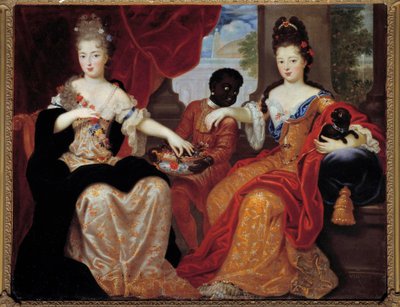 Retratos de Mademoiselle de Blois e Mademoiselle de Nantes servidos pelo seu criado negro". Mademoiselle de Blois (1677-1749), futura esposa de Louis de Bourbon, Mademoiselle de Nantes (1673-1743), futura Duquesa de Orleans. Pintura de Claude François V de Claude Francois Vignon