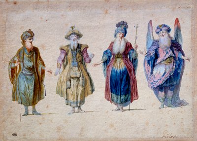 Quatro sacerdotes do teatro Aquarelle de Claude Gillot (1673-1722) Paris, Musee du Louvre de Claude Gillot