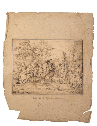 Les quatre âges de la vie: Sete figuras em um jardim, uma cavando com uma pá (caneta e tinta marrom) de Claude Gillot