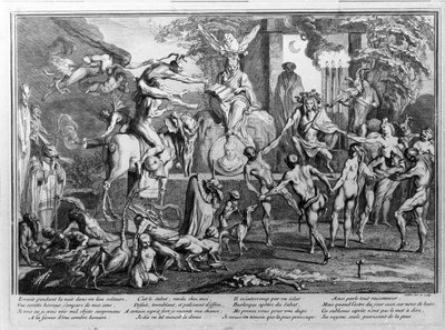 Cerimônia do sábado, demônios, bruxas e criaturas monstruosas dançando. Gravação por Gillet de Claude Gillot