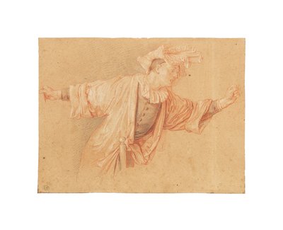 Estudo para Scaramouche, com os braços estendidos, c. 1707 (giz vermelho, preto e branco, sobre papel cinzento claro) de Claude Gillot
