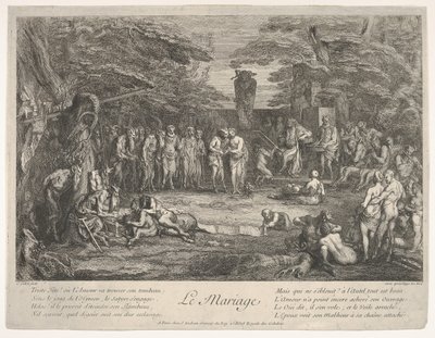O casamento Le Mariage: em uma floresta, um velho sátiro casa com os noivos em cen ..., ca. 1700-1720. de Claude Gillot