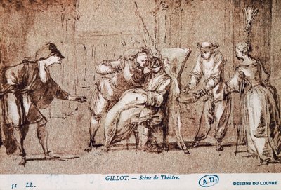 Performance teatral, desenho de Claude Gillot (1673-1722). França de Claude Gillot