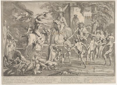 Sábado das Bruxas, dentro de uma paisagem noturna, um necromante sentado no cêntimo ..., ca. 1700-1720. de Claude Gillot