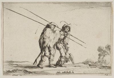 Ilustração 13: Dois pikemen caminhando em direção à direita, cada um com seus piques na mão direita ..., 1642. de Claude Goyrand