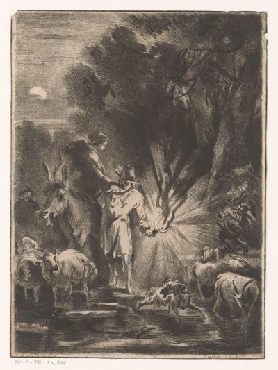 Paisagem noturna com pastor e pastora por um riacho de Claude Henri Watelet