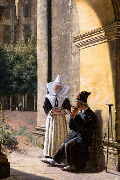 Um soldado que recebe cuidados de uma freira num claustro de Claude Jacquand