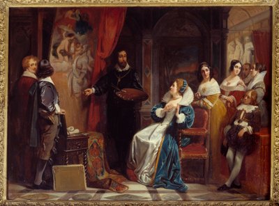 Rainha da França Marie de Medicis (1573-1642) visitando a oficina do pintor Pierre Paul (Pierre-Paul) Rubens (ou Peter Paul ou Petrus Paulus) (1577-1640). Pintura de Claudius Jacquand (1804-1878) de Claude Jacquand