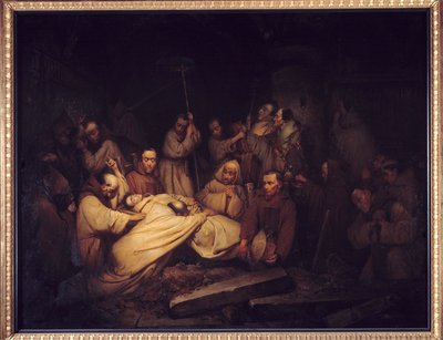 O Conde de Comminges. Última cena dos Memoriais do Conde de Comminges representando O Conde de Comminges reconhecendo Adelaide após a sua morte. Pintura após o romance de François de Baculard d