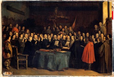 A paz de Westfália, o juramento após a ratificação da paz entre os espanhóis e os necessitados, na Prefeitura de Munster em 15-05-1648 Eles encerraram a Guerra dos Trinta Anos. Pintura de Claudius Jacquand de Claude Jacquand